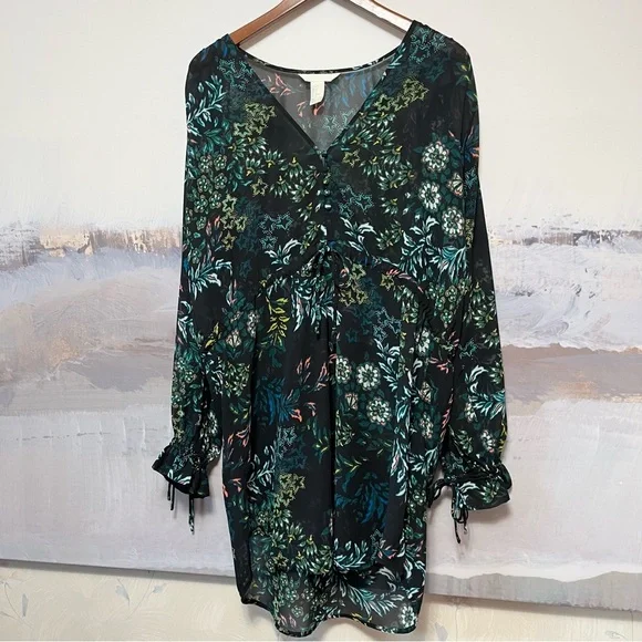 H&M Conscious Beach Cover Up Women Size 12 Floral Drawstring Long Ruffle Sleeve - Picture 1 of 16